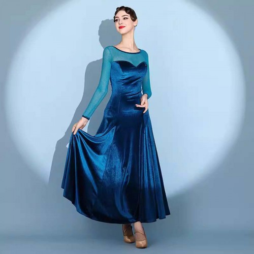 Women girls dark green royal blue red ballroom dance dresses velvet foxtrot smooth tango dance long gown for female